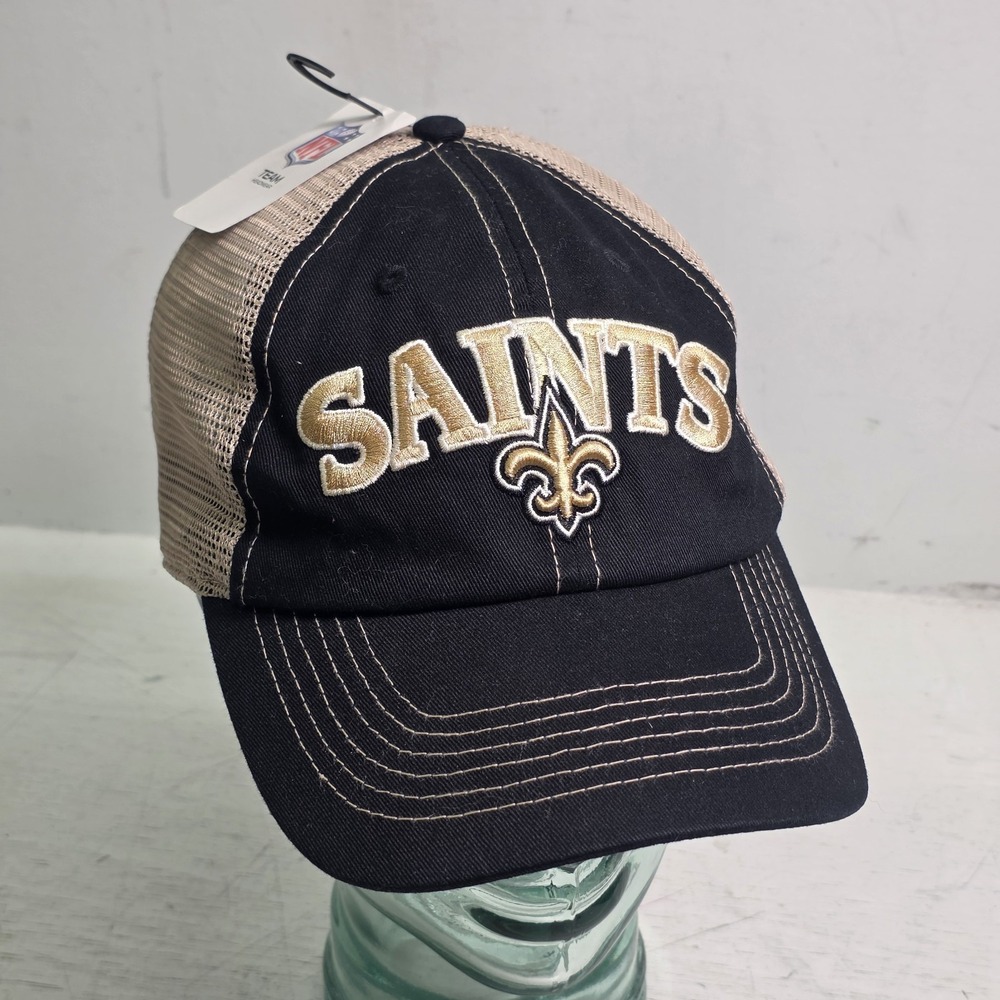 New Orleans Saints NFL Team Apparel Mesh Trucker Snapback Hat Black Tan Gold NWT